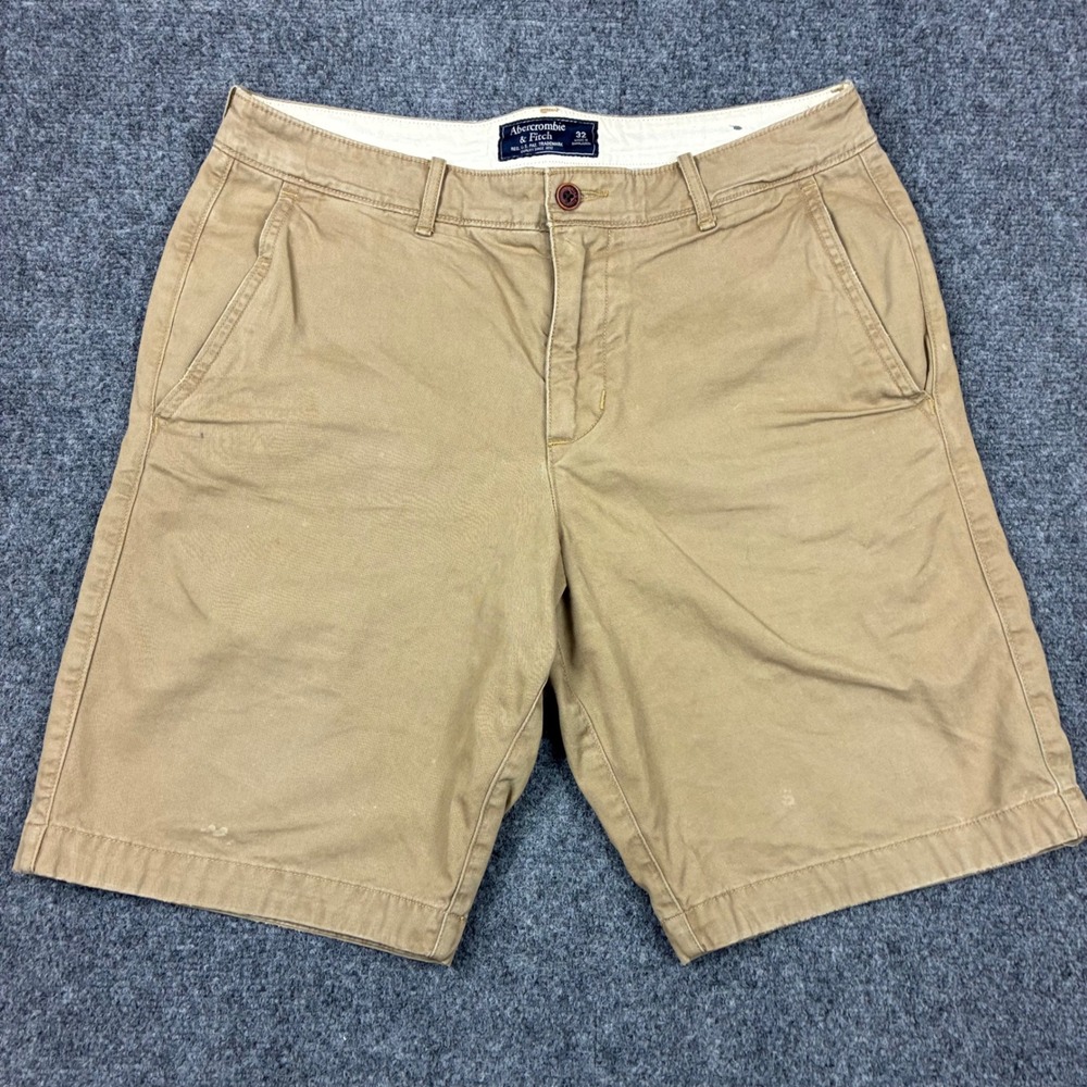 Y2K Abercrombie & Fitch Mens Chino Shorts Size W32 Khaki Flat Front Cotton Twill
